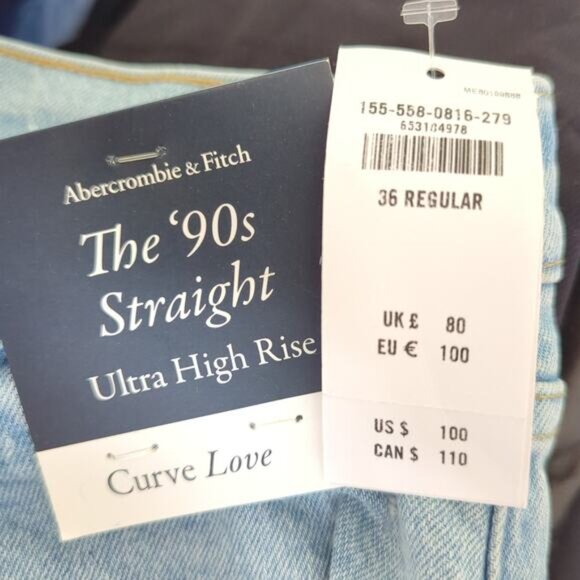 Abercrombie & Fitch 90s Straight Leg Ultra High Rise Jeans Curve Love 36 22 NWT - Picture 2 of 6